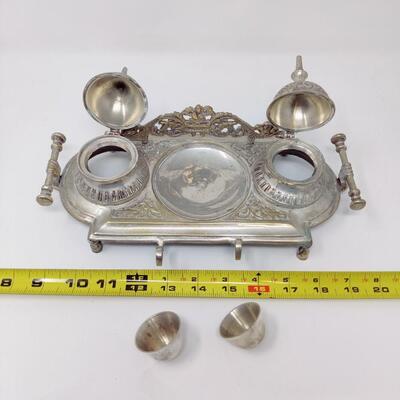 ORNATE VINTAGE DOUBLE INKWELL WITH PEN HOLDER MADE IN INDIA