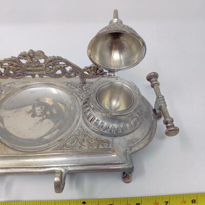 ORNATE VINTAGE DOUBLE INKWELL WITH PEN HOLDER MADE IN INDIA