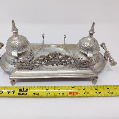 ORNATE VINTAGE DOUBLE INKWELL WITH PEN HOLDER MADE IN INDIA