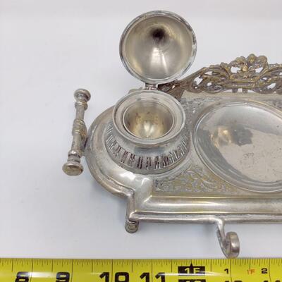 ORNATE VINTAGE DOUBLE INKWELL WITH PEN HOLDER MADE IN INDIA