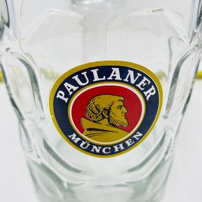 PAULANER MUNCHEN 1 LITER DIMPLED GERMAN STEIN GLASS MUG