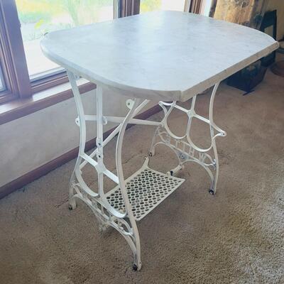 MARBLE TOP WROUGHT IRON SEWING BASE