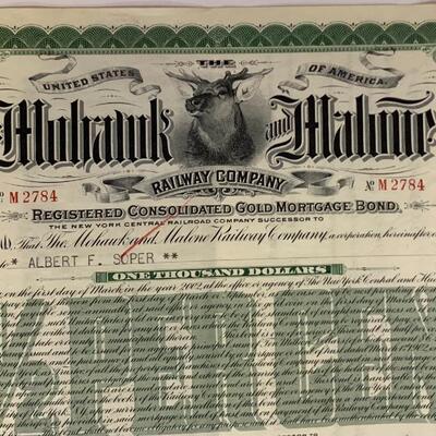 Vintage BOND: THE MOHAWK AND MALONE RAILWAY COMPANY $1000 GOLD BOND 14â€ long x 10â€ wide approx