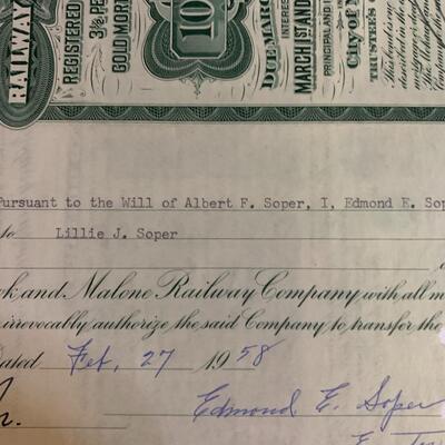 Vintage BOND: THE MOHAWK AND MALONE RAILWAY COMPANY $1000 GOLD BOND 14â€ long x 10â€ wide approx