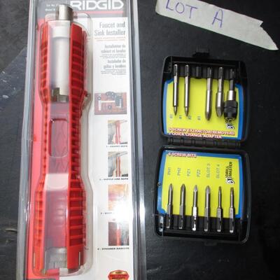 Assorted Tools--drill bits, ratchet, wrench
