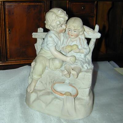 Antique German Bisque Figurine Boy & Girl With Fruit