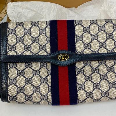 Vintage Gucci Accessory Collection Iconic Blue & Red Pattern Cosmetic Makeup Bag
