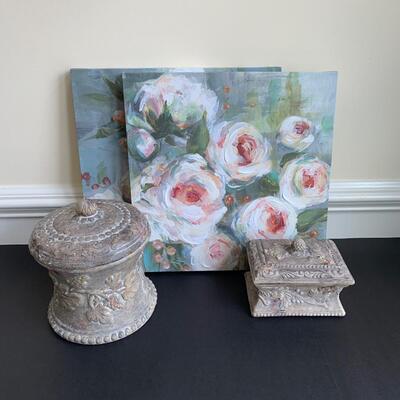 Lot 119R: Home Accent : Canvas Floral Prints & Square Nest Stoneware Jars