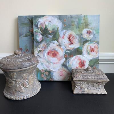 Lot 119R: Home Accent : Canvas Floral Prints & Square Nest Stoneware Jars