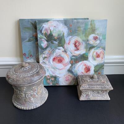 Lot 119R: Home Accent : Canvas Floral Prints & Square Nest Stoneware Jars