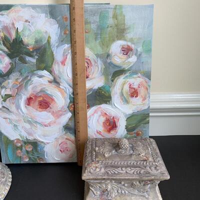 Lot 119R: Home Accent : Canvas Floral Prints & Square Nest Stoneware Jars