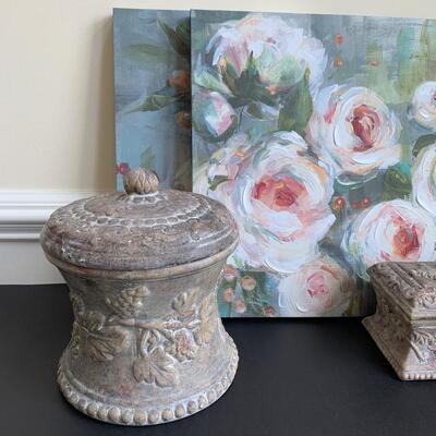 Lot 119R: Home Accent : Canvas Floral Prints & Square Nest Stoneware Jars