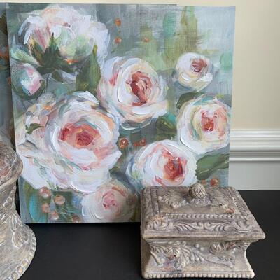 Lot 119R: Home Accent : Canvas Floral Prints & Square Nest Stoneware Jars