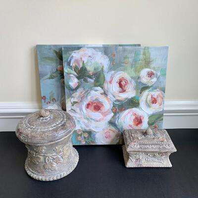 Lot 119R: Home Accent : Canvas Floral Prints & Square Nest Stoneware Jars