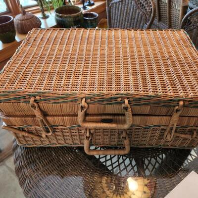 Vintage Wicker Rattan Gold Bond Luggage Picnic Basket