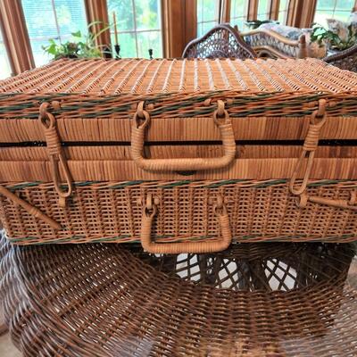 Vintage Wicker Rattan Gold Bond Luggage Picnic Basket
