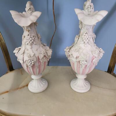 Pink & White Parian Lamp with Two Matching Vases