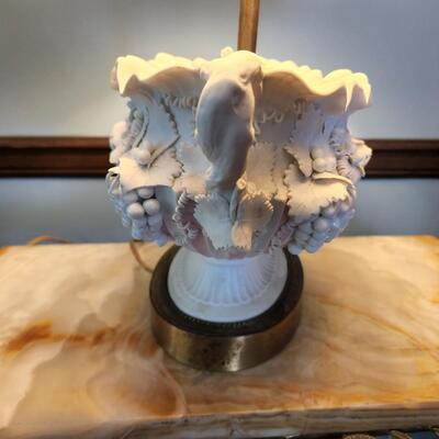 Pink & White Parian Lamp with Two Matching Vases