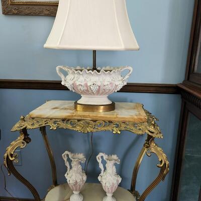 Pink & White Parian Lamp with Two Matching Vases