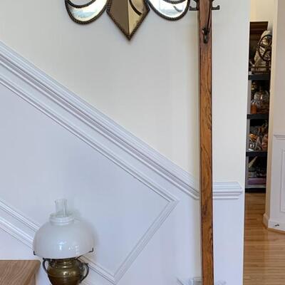 Lot 128-00R: Vintage Brass Miller Lamp & Oak Coat Rack