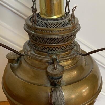 Lot 128-00R: Vintage Brass Miller Lamp & Oak Coat Rack