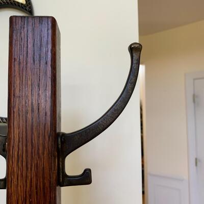 Lot 128-00R: Vintage Brass Miller Lamp & Oak Coat Rack
