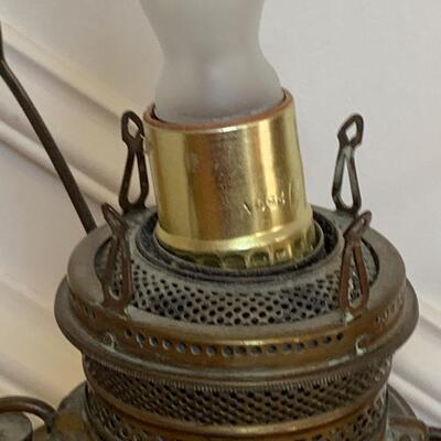 Lot 128-00R: Vintage Brass Miller Lamp & Oak Coat Rack