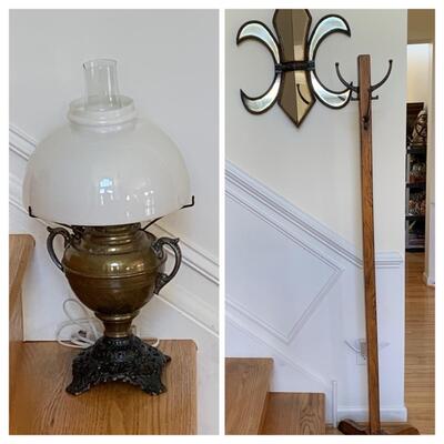 Lot 128-00R: Vintage Brass Miller Lamp & Oak Coat Rack