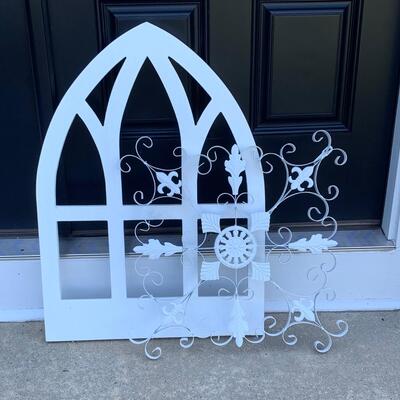 Lot 129-00R  Pier One Wood Arched Cathedral Window Decor & Metal  Medallion Wall Art