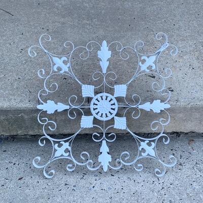 Lot 129-00R  Pier One Wood Arched Cathedral Window Decor & Metal  Medallion Wall Art