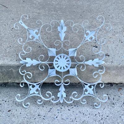 Lot 129-00R  Pier One Wood Arched Cathedral Window Decor & Metal  Medallion Wall Art