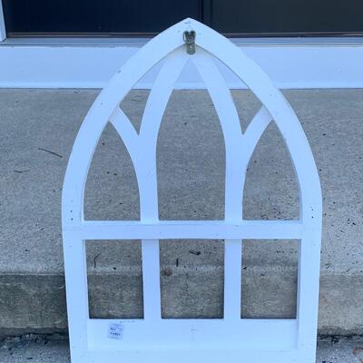 Lot 129-00R  Pier One Wood Arched Cathedral Window Decor & Metal  Medallion Wall Art