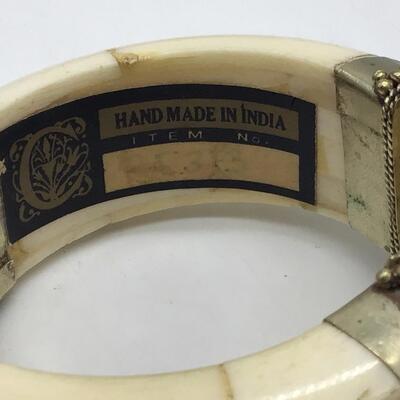 Vintage India Ivory White Bone With Natural Stone Center Brass Hinged   Hand Made