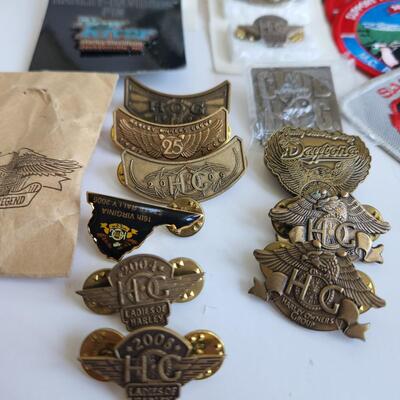 LOT 512RP: Huge Collection of Harley Davidson Members Only Pins, Patches, & More!
