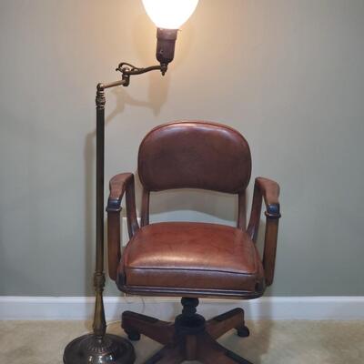 LOT 155G: Antique Sykes Office Chair and Vintage Floor Lamp