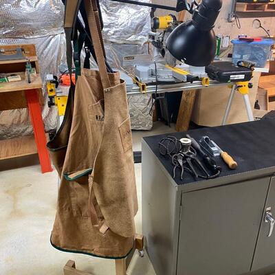 Lot 205:  Working/Shop Aprons, Tools & Rolling Lamp
