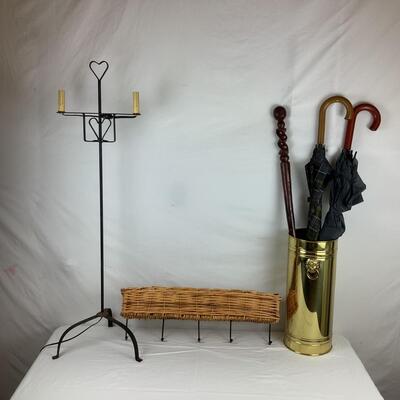 Lot. 5510. Vintage Wrought Iron Lamp / Vintage Brass Umbrella Stand/Wicker Wall Shelf Baker with Hooks