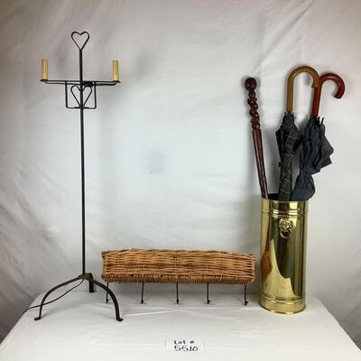 Lot. 5510. Vintage Wrought Iron Lamp / Vintage Brass Umbrella Stand/Wicker Wall Shelf Baker with Hooks