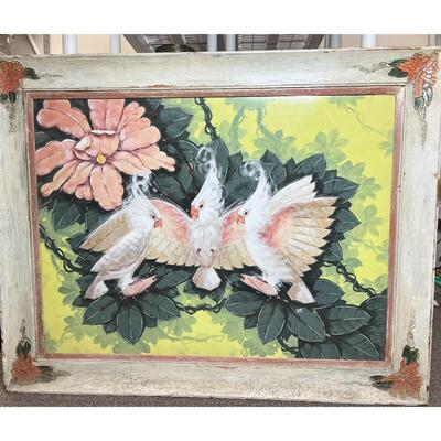 Large Retro Billy Seay Airbrush Tropical Hibiscus Cockatoo Framed Art