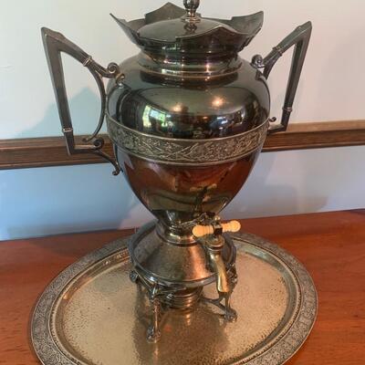 Antique Silver Plate Coffee Urn On Tray