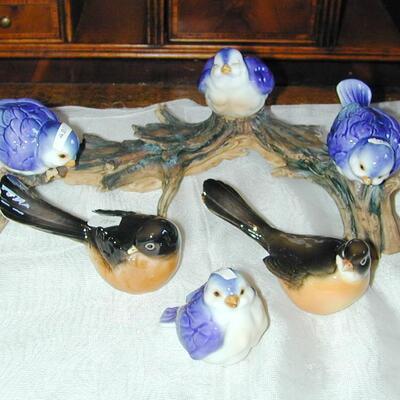 6 Signed Porcelain Bird Figurines & Branch Stand