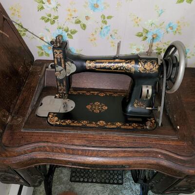 Antique White Family Rotary U.S.A. Sewing Machine with Cabinet
