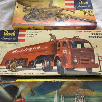 3 Vintage Model Kits Revell B-25 Mobilgas Gas Truck, Aircraft Carrier Wasp