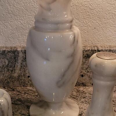Lot 35: Marble Vase, (3) Graduated Candleholders, Coaster Set and Salt & Pepper Grinder