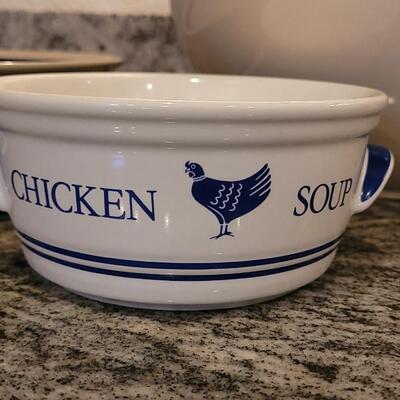 Lot 52: Blue Rimmed Stoneware, Ceramic Mixing Bowls and Chicken Soup Bowl
