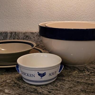 Lot 52: Blue Rimmed Stoneware, Ceramic Mixing Bowls and Chicken Soup Bowl