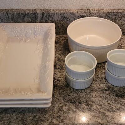Lot 56: (3) White Ceramic Italian Serving Platters and White Ribbed Bowl Set