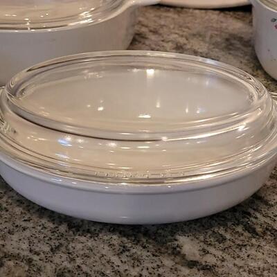 Lot 63: Corning Ware White Set with (1) Flower Covered Casserole Dish