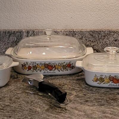 Lot 64: CORNING WARE 'Spice of Life' Casserole Dishes with Lids (3) & Handle
