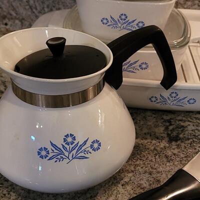 Lot 67: Vintage Corning Ware Blue Cornflower Casserole Dishes, Roasting Pan, Tea Kettle